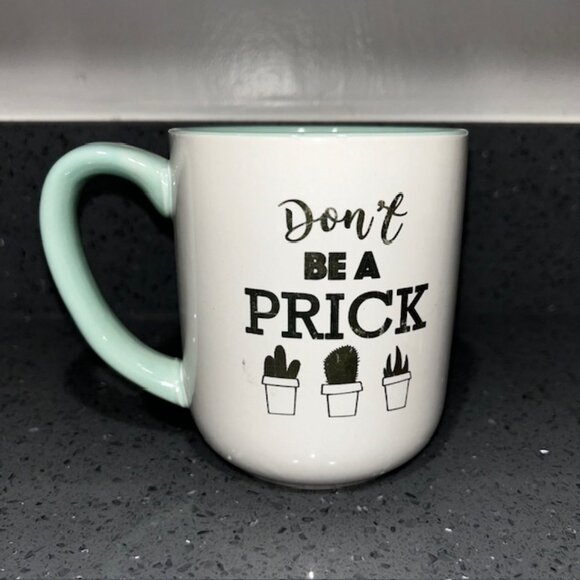Novelty Cactus Coffee Mug 16 oz DON'T BE A PRICK White Gloss Gold Mint Green - Picture 2 of 4